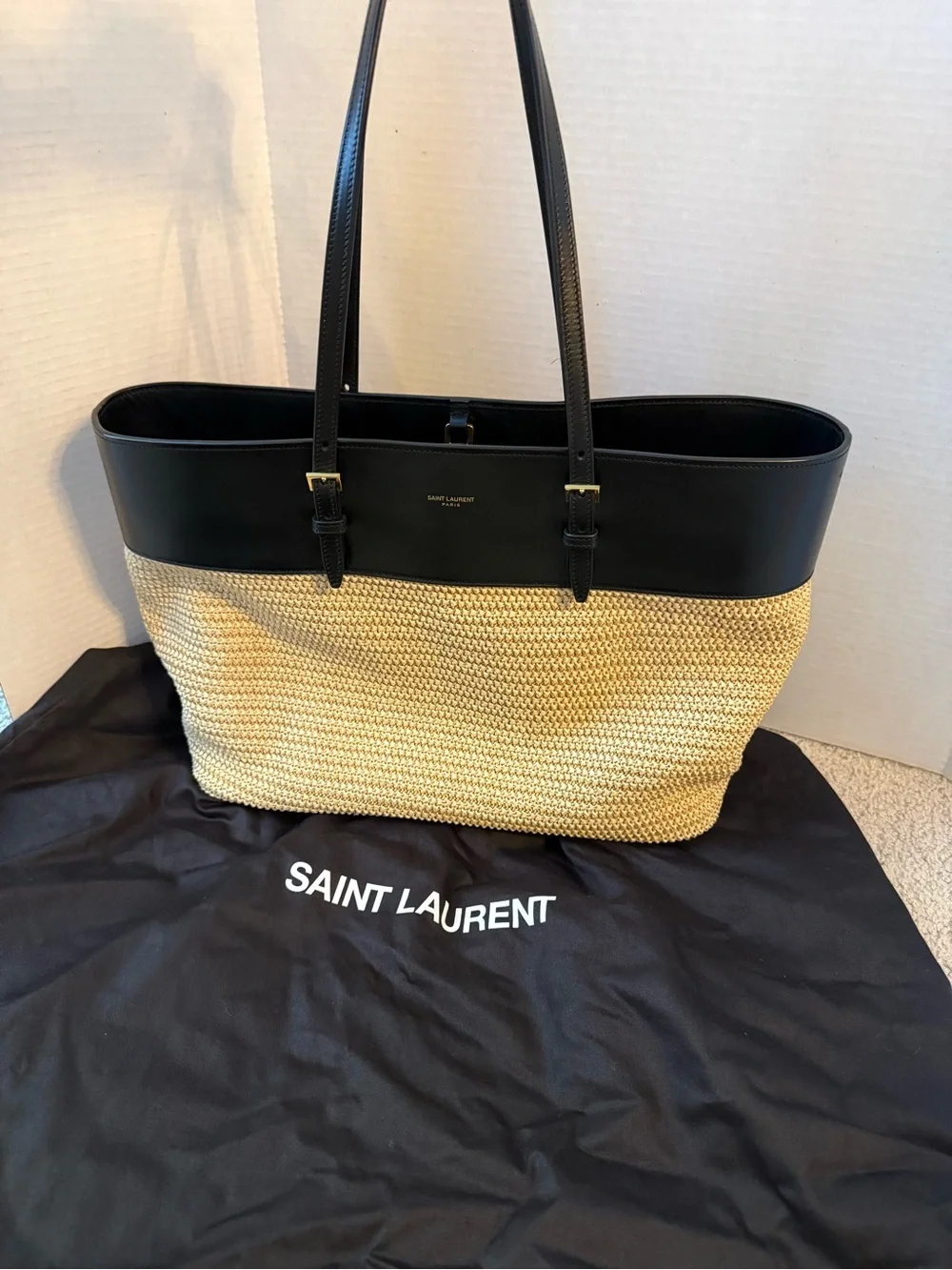 Authentic Saint Laurent Black & Natural Boucle Raffia Tote Bag with Dust Bag